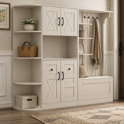 Armoire de vestibule multifonctionnelle de gauche à droite avec rangement et 4 crochets, armoire de rangement / arbre d'entrée 2 en 1 pour le salon, la cuisine et le couloir, beige antique