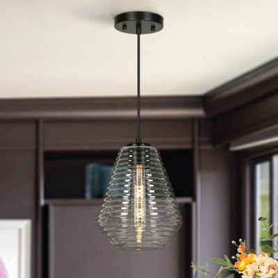 1-Light Matte Black Single Geometric Pendant with Clear Glass