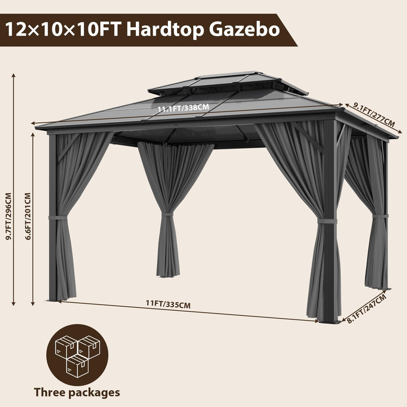 Pavillon de jardin à toit rigide 10 x 12 pi, pavillon de patio à double toit avec filet et rideaux, structure en aluminium pour la cour arrière, terrasse, pelouse, gris