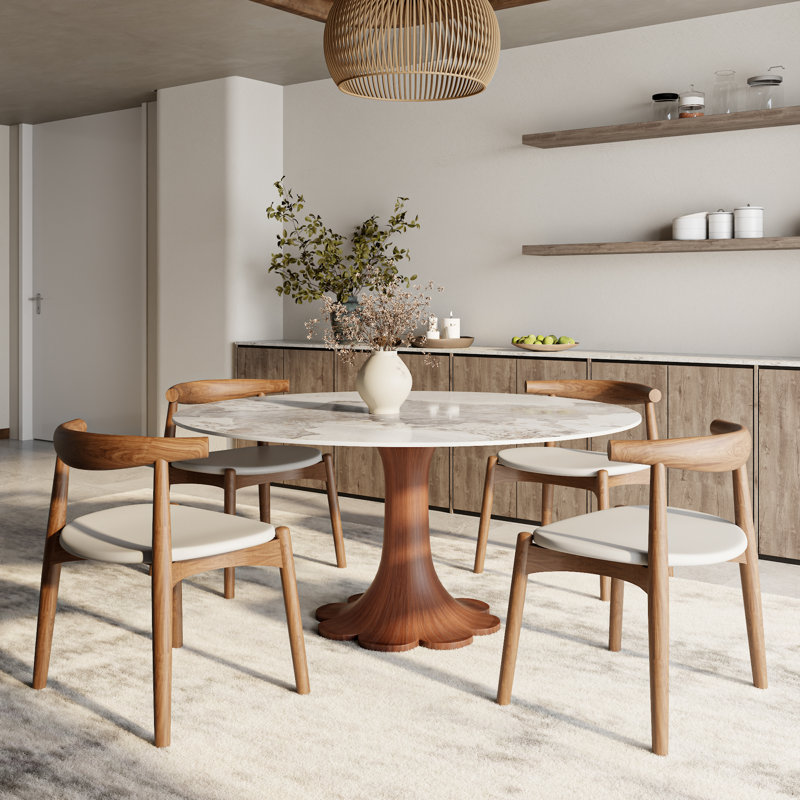 Round Stone Top Solid Wood Base Dining Table Circle Kitchen Dinner Table For 4-10, Brown, Sand, 29.52”H x 59.05”L x 59.05”W