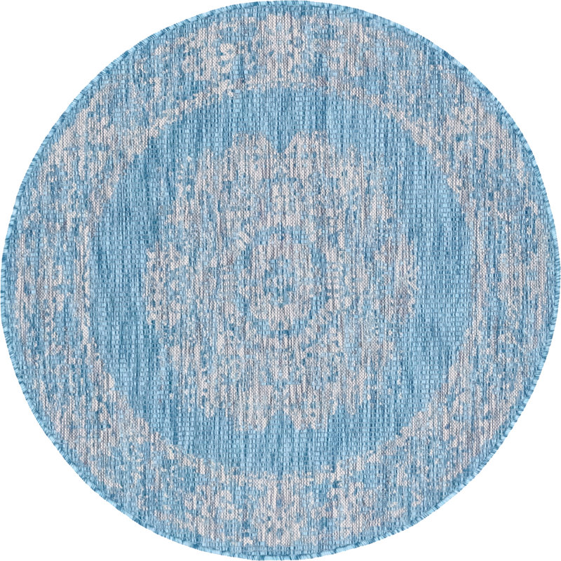 Tapis gris / bleu intérieur/extérieur Loughlin, Rond 4 pi