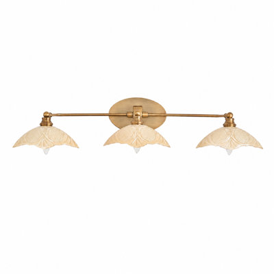 3-Light Antique Brass Bathroom Vanity Light with Amber Glass Shade