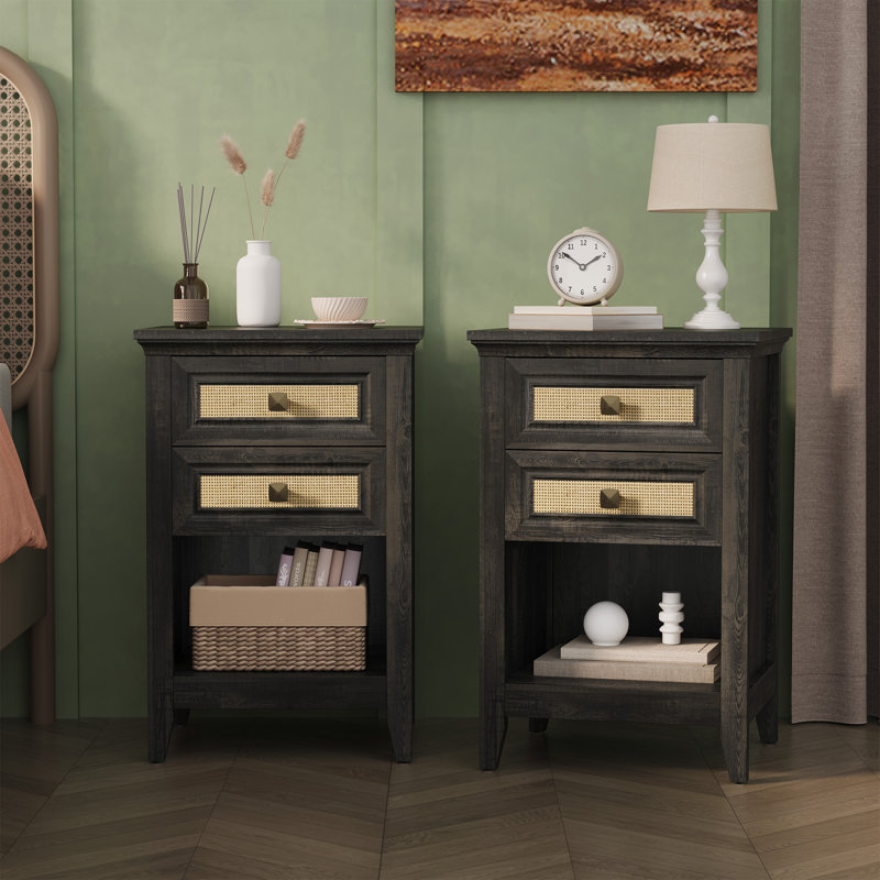 Azarius 27'' Rattan Nightstand With 2 Drawers, Dark Gray, Set of 2