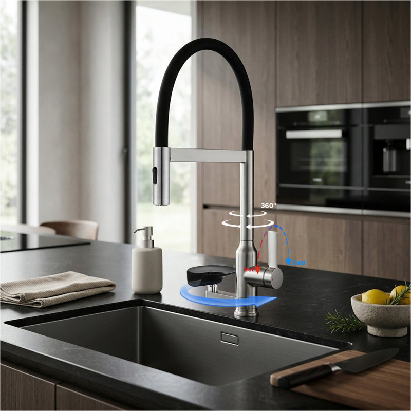 Robinet de cuisine en nickel brossé avec pulvérisateur magnétique rétractable, robinet d'évier de cuisine à poignée simple pivotant sur 360 degrés avec lavabo en verre