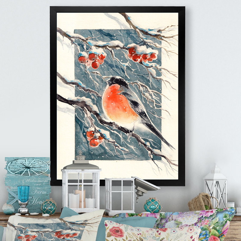 «Christmas Bullfinch Birds», reproduction d'art sur toile encadrée, Toile avec cadre photo noir, H 20 po x l 12 po x P 1 po