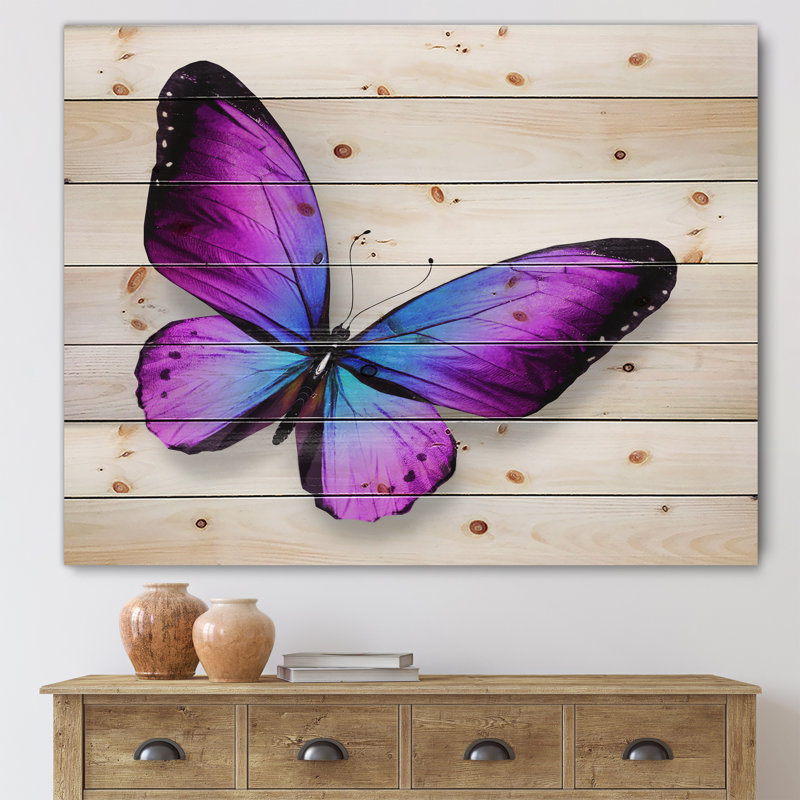 Violet et papillon bleu - reproduction moderne sur bois de pin naturel, H 15 po x l 30 po x P 0,78 po