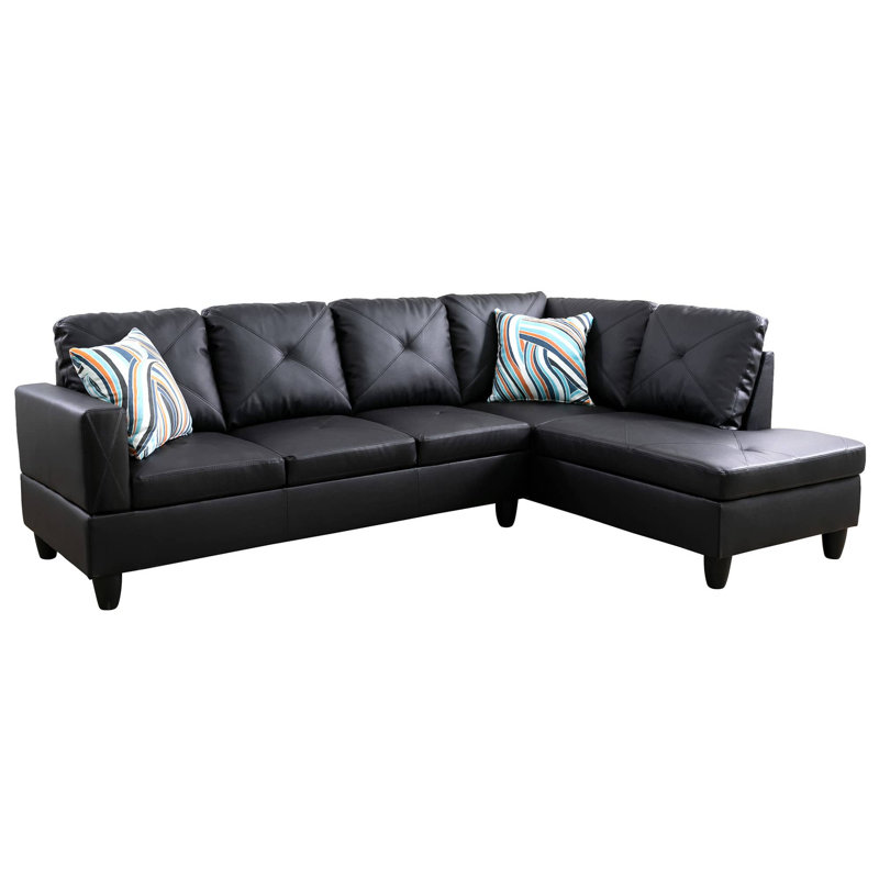 Monaco Vegan Leather 2-Piece Sectional Sofa Set With Chaise, Black Faux Leather, Right Hand Facing