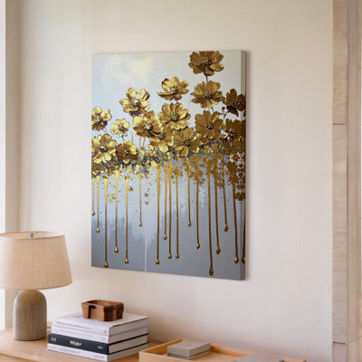A Horizontal Canvas Artwork Features A Field Of Golden Flowers Crafted With A Metallic Canvas Wall Art Premium Quality Ready To Hang