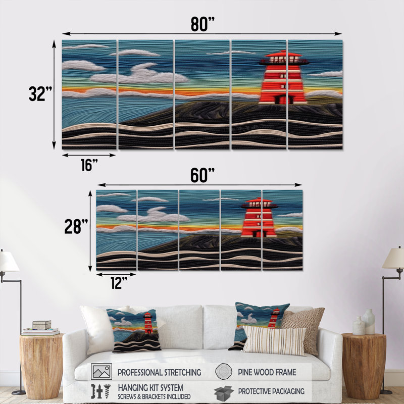Red Lighthouse On The Rock Blue Sky Embroidery - Lighthouses Wall Art Decor 5 Piece, 28" H x 60" W