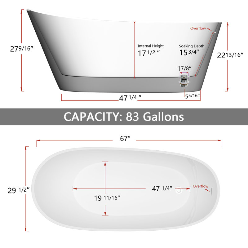 Acrylic Freestanding White Soaking Bathtub 67'' x 29.5'' Double Slipper Stand Alone Bathroom Tub with Side Drain