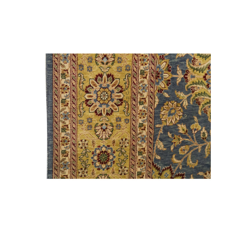 Tapis bleu et jaune de haute qualité noué à la main