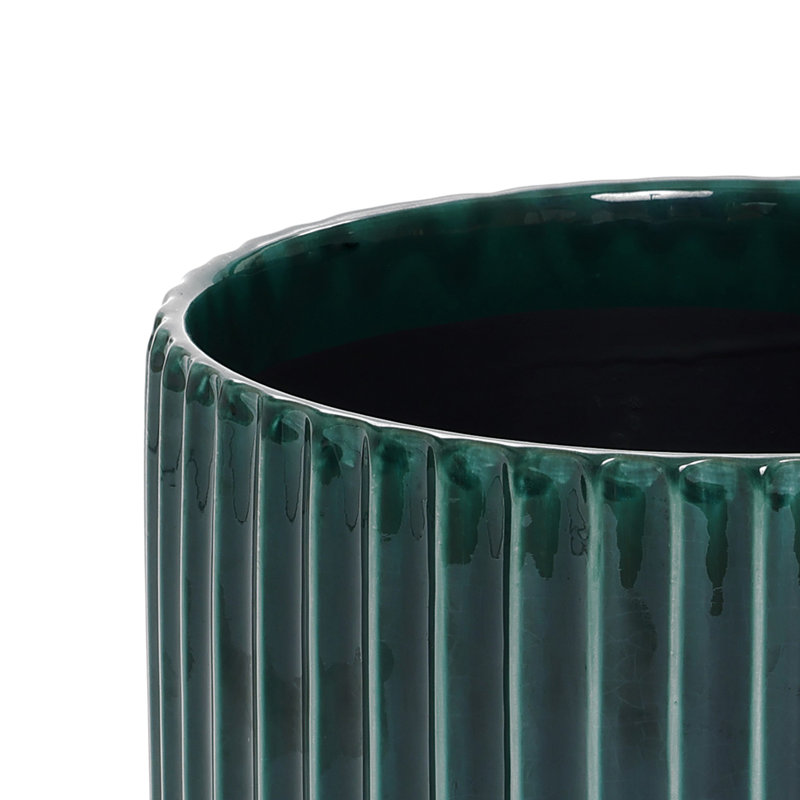 Jade Green Ribbed Round Ceramic Planter, 12.99" H x 13.78" W x 13.78" D