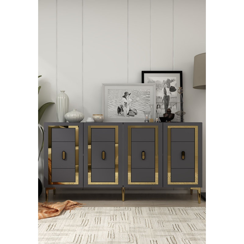 Modern Console Table with Wall Mounting Capability, Anthracite & Gold, 100% Melamine Coated Particle Board, 0.7 inches Thick | Multiple Shelves, Stylish Geometric Design for Home Décor