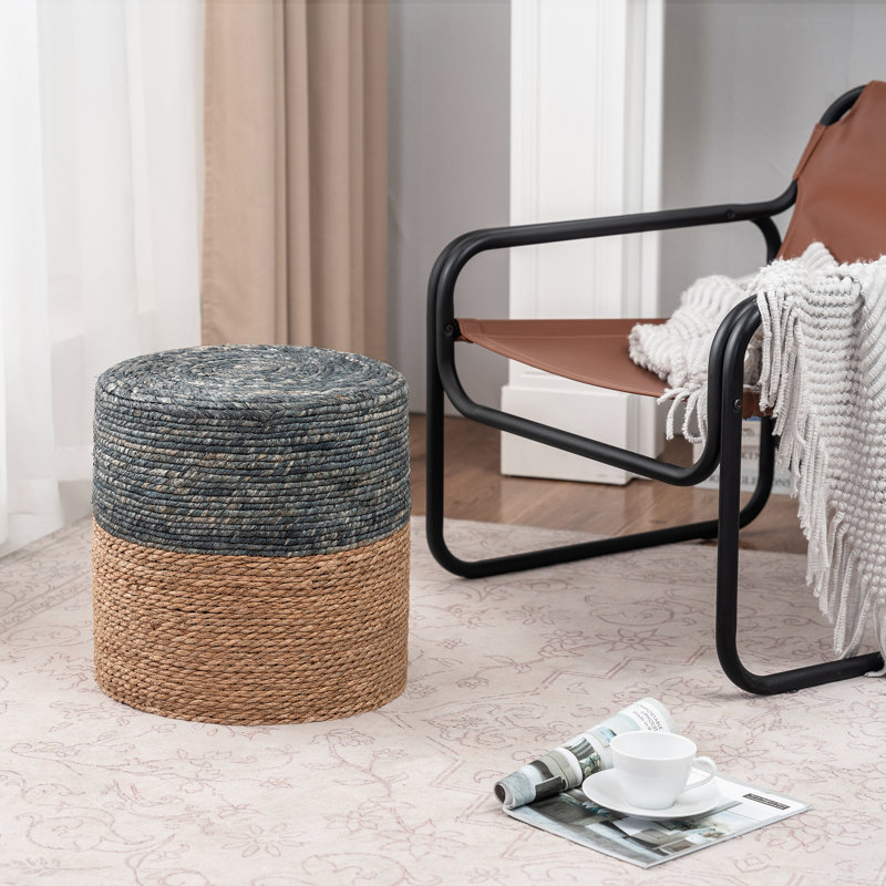 15.9" Handwoven Seagrass Round Ottoman, Gray/Brown Straw