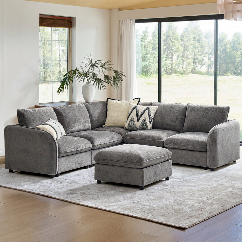 Terencio 132" Modern 6-Piece Storage Sectional Sofa with Hassle-free Assembly, Gray