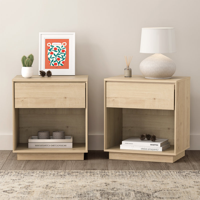 Table de chevet, table d'appoint en bois avec rangement et tablette ouverte, Chêne clair, Ensemble de 2
