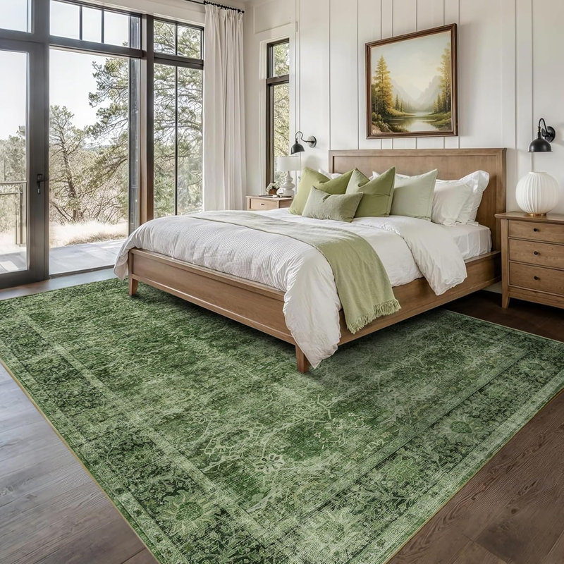 Tapis vert lavable pour salon, Green, Rectangle 8'x10'