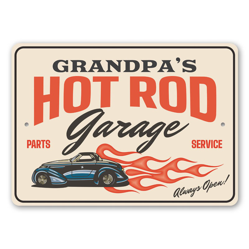 Enseigne en aluminium «Hot Rod Garage Always Open Pièces and Service», H 10 po x l 14 po x P 0,04 po