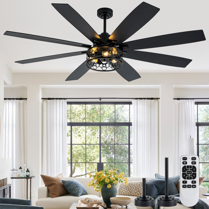 72 Inch Farmhouse Caged Ceiling Fan With Lights And Remote, Black Reversible DC Motor Large Ceiling Fan For Living Room, 72"