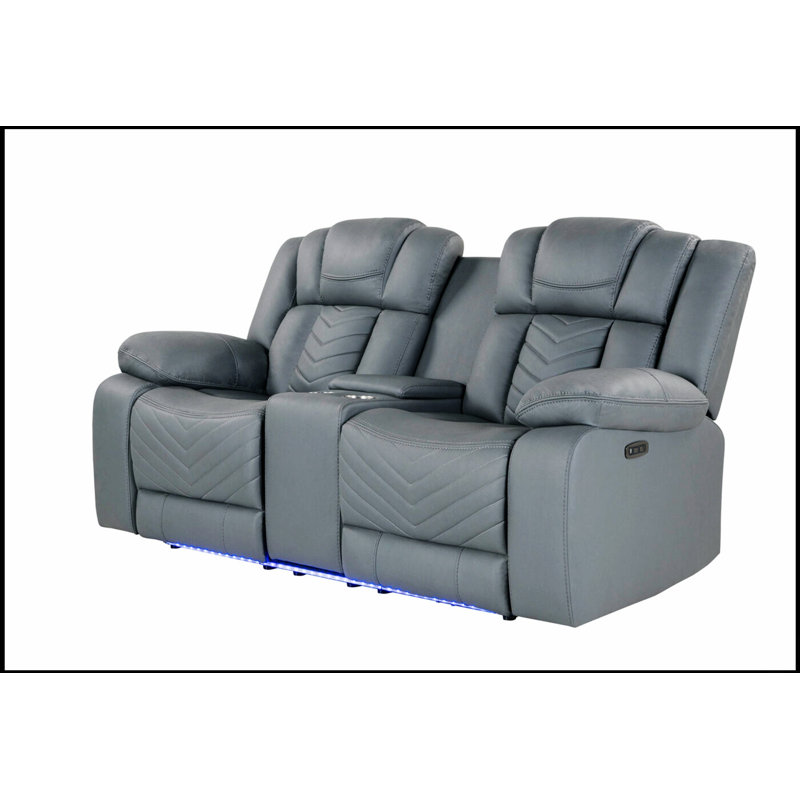 Power Console Reclining Loveseat With LED Lights, Cup Holders, Drop-Down Table & Plug, Soft Polyester Fabric