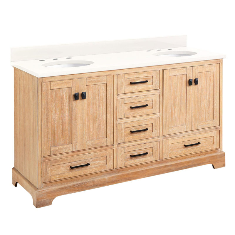 Quen 60" Freestanding Double Basin Vanity Set with Cabinet, Vanity Top, and Oval Undermount Sinks, Arctic White Quartz