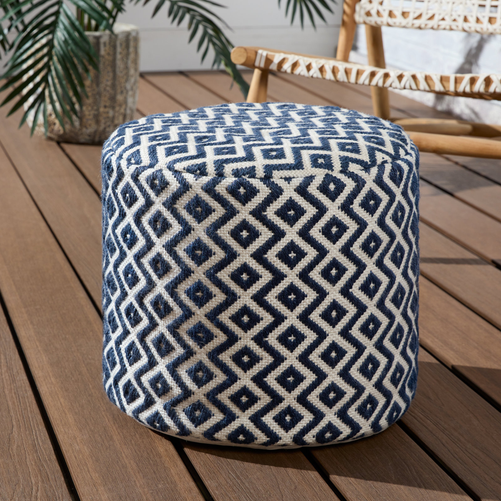 Destina Round Upholstered Outdoor Ottoman, Navy/Ivory Polyester
