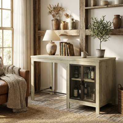 Spacious White Oak Finish Kitchen Island With Secure Mesh Cabinet