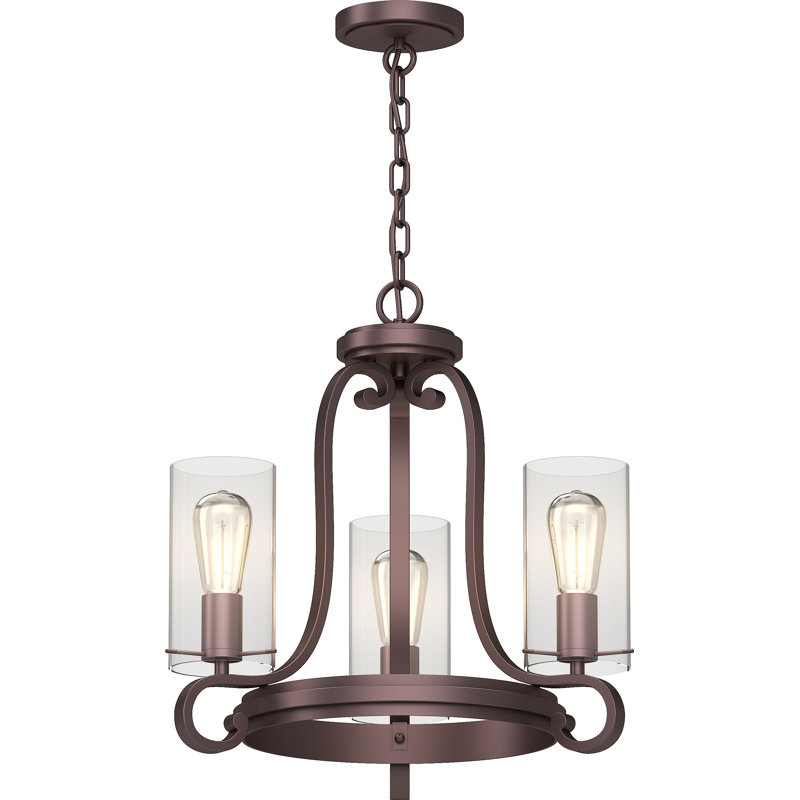 Mini-lustre suspendu d'intérieur en bronze antique à 3 lumières V2003-79 Regina avec abat-jours cylindriques en verre transparent