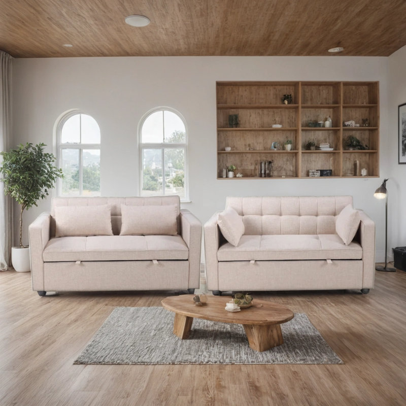 55.5" Modern Linen Futon Sofa Bed With Accent Pillow, Beige Linen Blend