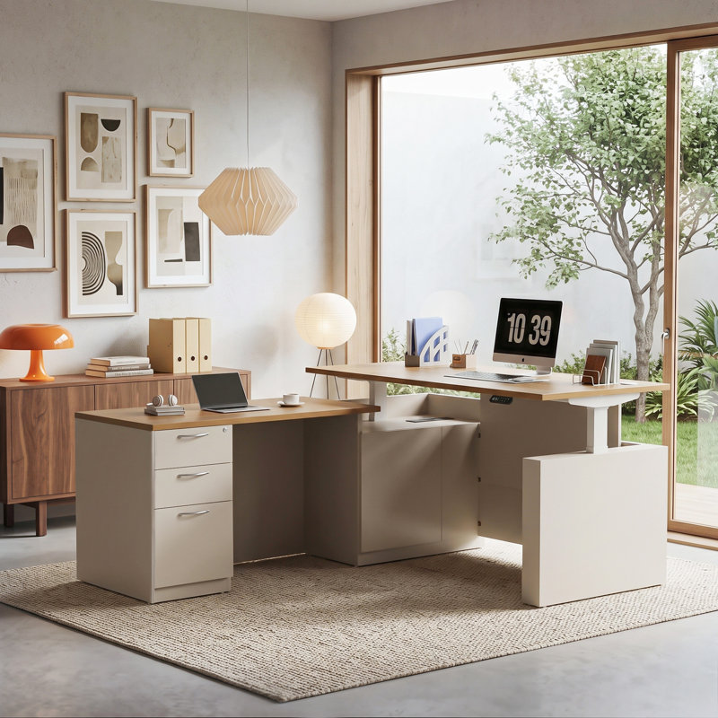 66.93'' L Shaped Executive Standing Desk With Pre-Assembled Frame & Lockable Cabinets, AC/USB