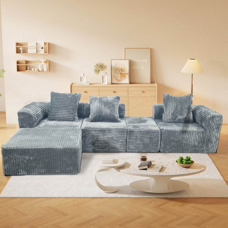 Compression modulaire convertible à 4 sièges de style américain, gris avec siège mi-ferme, 100% nouvelle mousse, US, couvertures en velours côtelé standard 100 par brossé, peau et rétrécissement doux