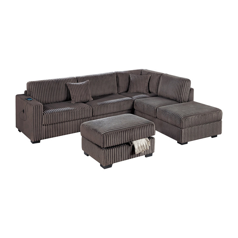 Fur-Like Corduroy Sectional Sofa Reversible Chaise Sofa W USB Storage Ottoman Upholstered Couch Pillows 3Pc Set Living Room