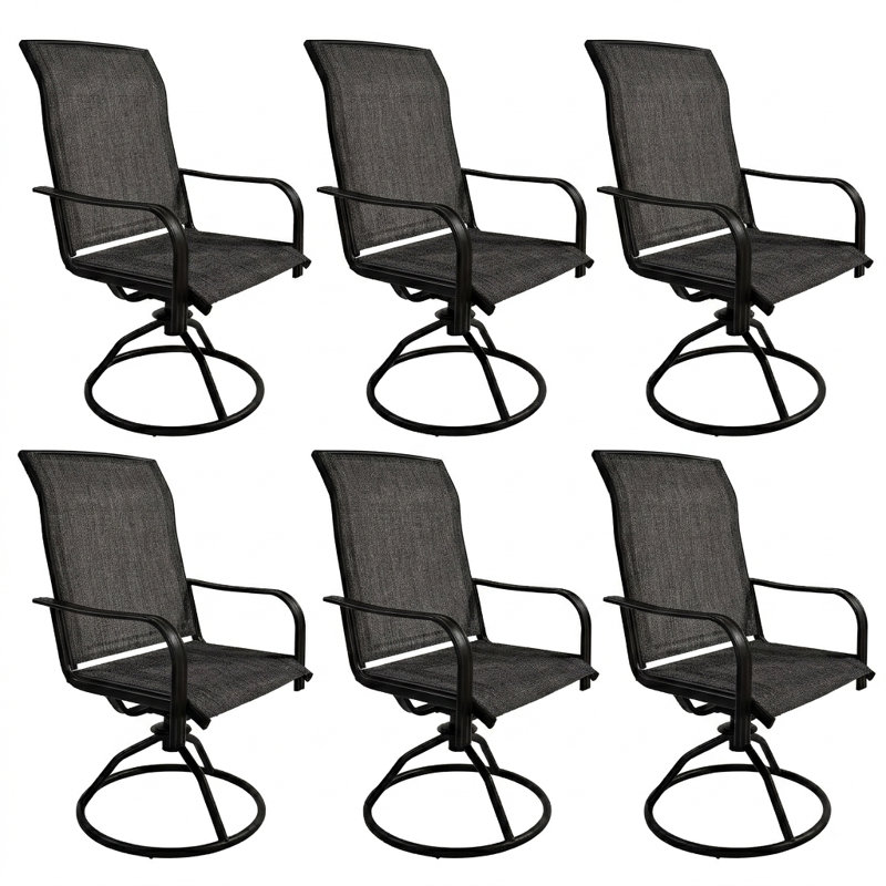 Ensemble de 6 chaises de jardin pivotantes pour patio, résistantes aux intempéries, avec structure en métal et revêtement en tissu Textilène, grises.