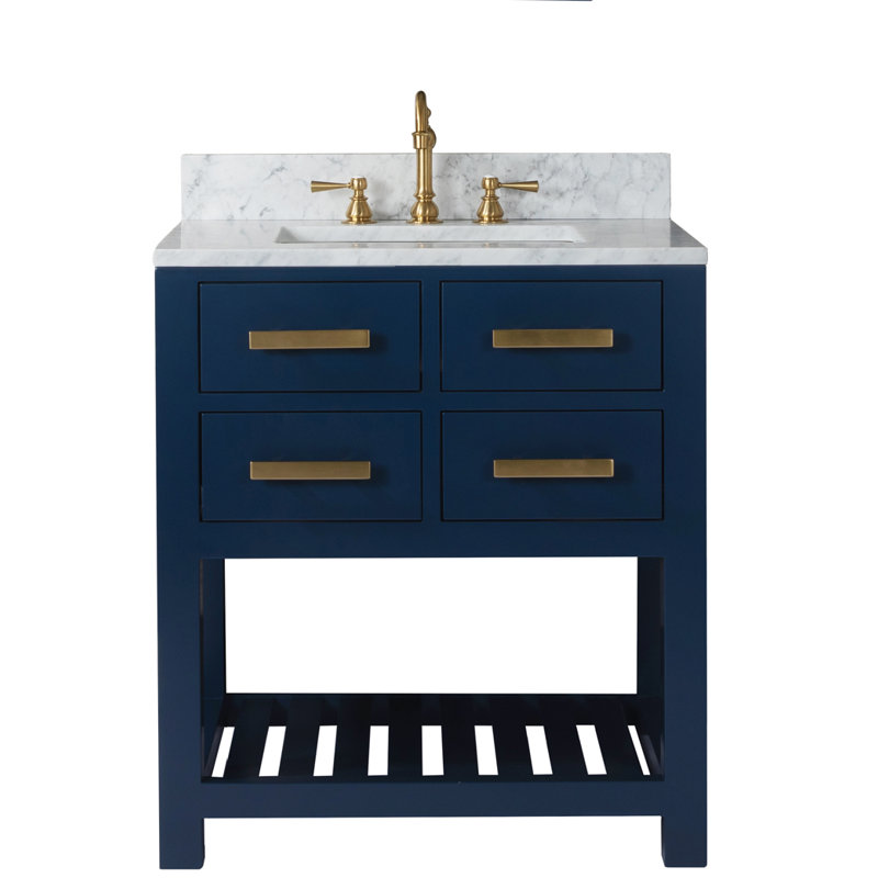 Doucette 30" Single Bathroom Vanity Set with Carrara White Marble Top, Monarch Blue, Mirror Included
