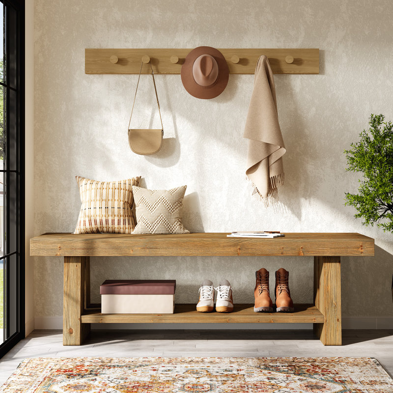 63'' Solid Wood Entryway Bench With 2-tier Open Shelves