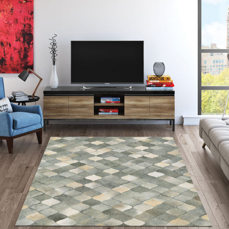 Tapis d'intérieur en cuir de vache gris à motif géométrique Corsi, Rectangle 9 pi 6 po x 13 pi