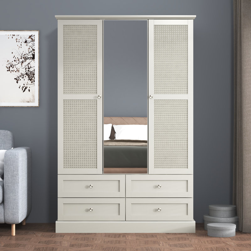 3 Door 4 Drawer Wardrobe With Mirror, Light Grey