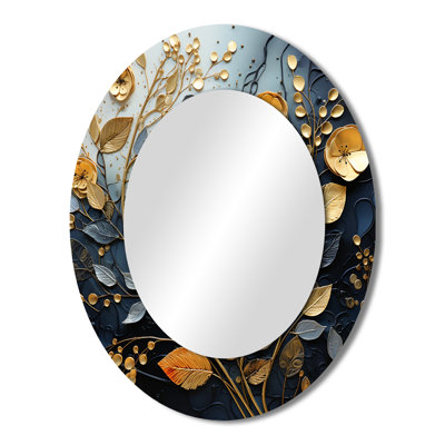 Black And Gold Leaf Charm In Winter I - Floral Oval Decorative Mirror On Metal