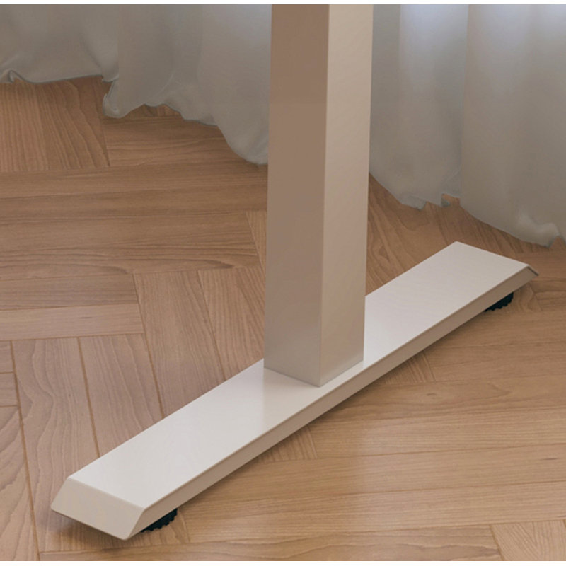 Bureau debout électrique à hauteur ajustable avec plateau en bois massif et structure blanche