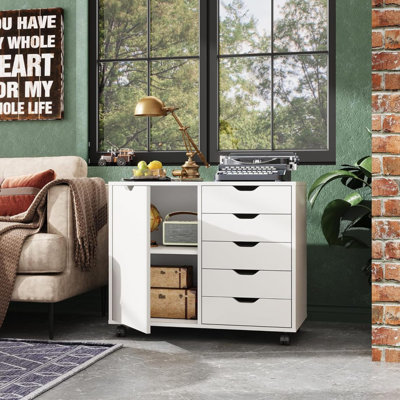 Commode 5 tiroirs en bois avec porte, armoire de rangement mobile, support pour imprimante