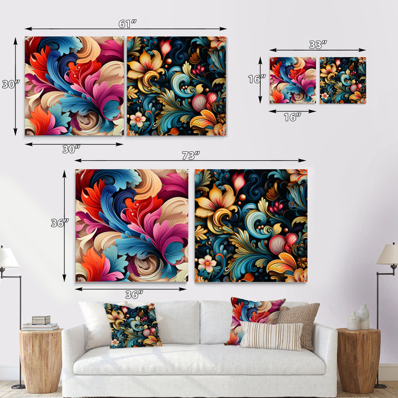 Motif de cachemire rétro - ensemble de 2 verres muraux abstraits en acrylique, H 36 po x l 73 po