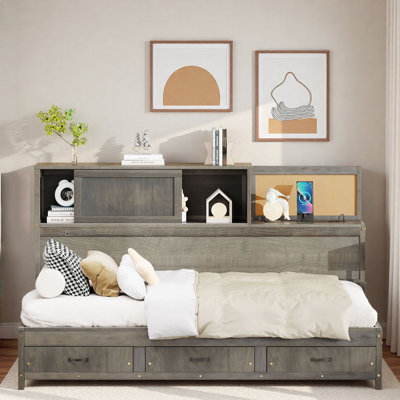 Wooden Daybed With 3 Storage Drawers, Shelf And Charging Station