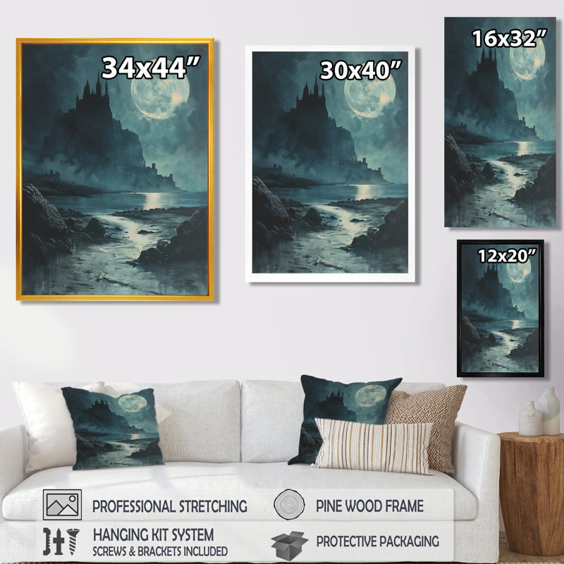 Art mural noir et bleu, château de vampire au clair de lune II, Toile avec cadre flottant noir, H 20 po x l 12 po x P 1 po