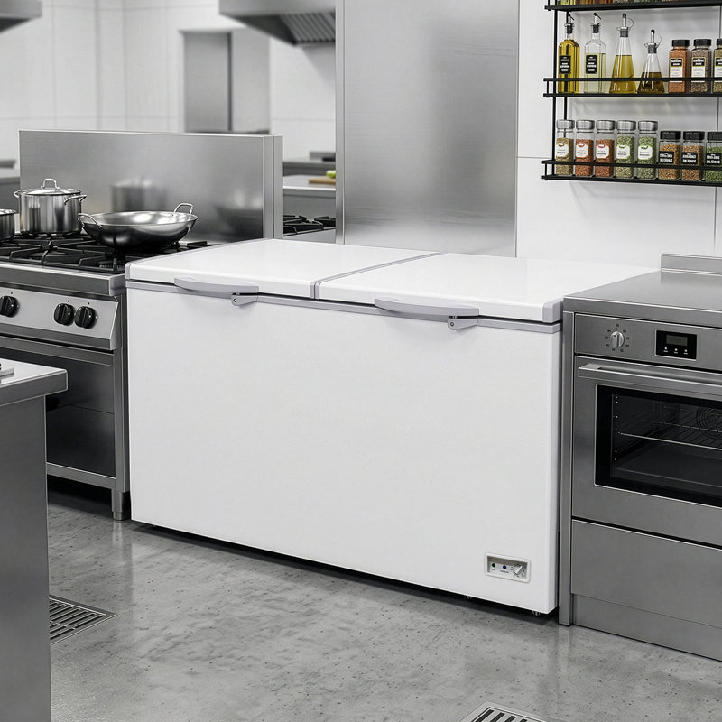 25 Cu.Ft. Double Door Chest Freezer Display Freezer In White With Wheels And Saft Lock
