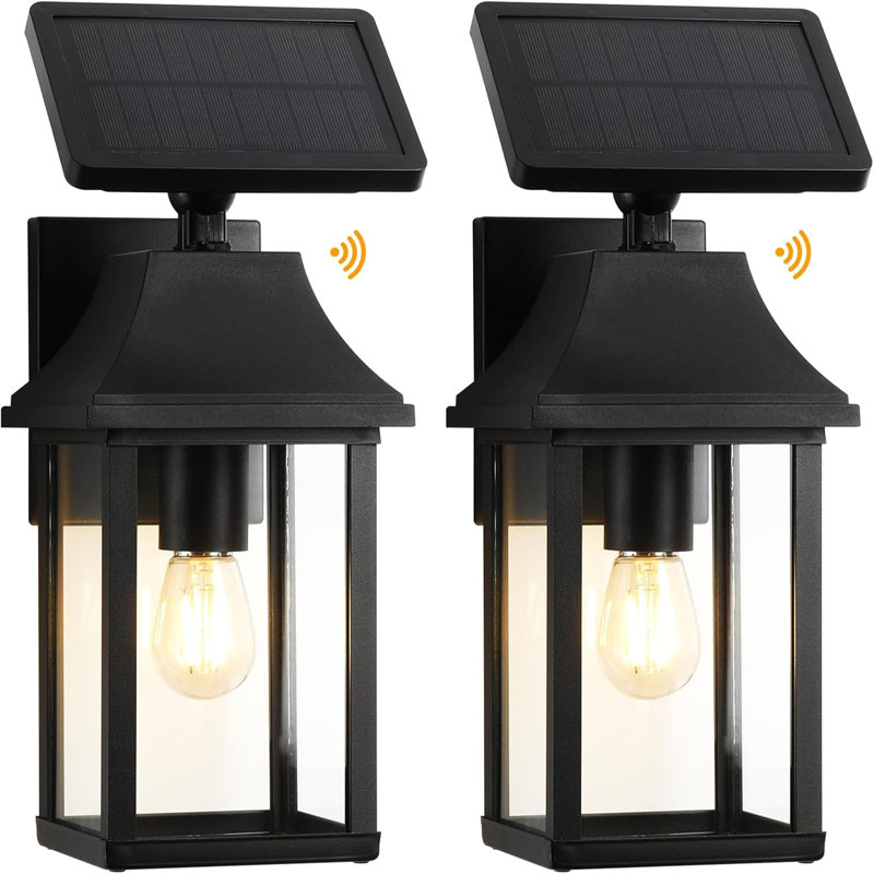Porch Lights Outdoor Dusk to Dawn Motion Sensor Solar Wall Lantern Separate Panel & Battery Replaceable Exterior Waterproof Wall Sconce Lighting Lamp (Black-Integrated Solar Light, Set of 2)