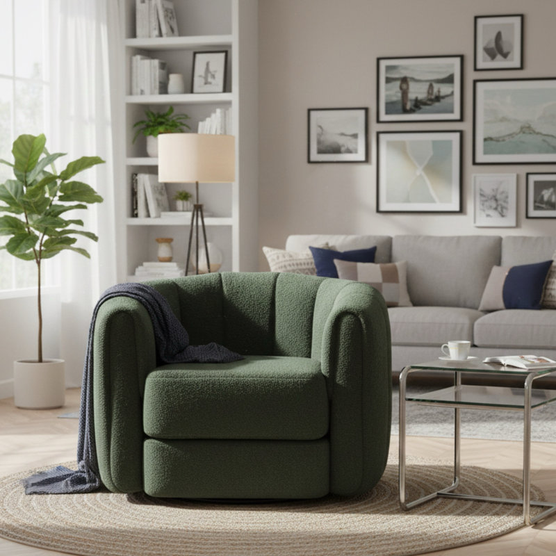 37" Wide Accent Chair, Boucle Upholstered Swivel Barrel Chair, Green, Green Teddy