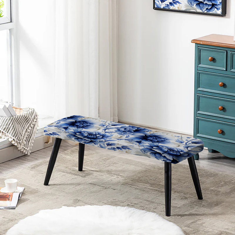 Banc rembourré beige et bleu damassé Dahlia II