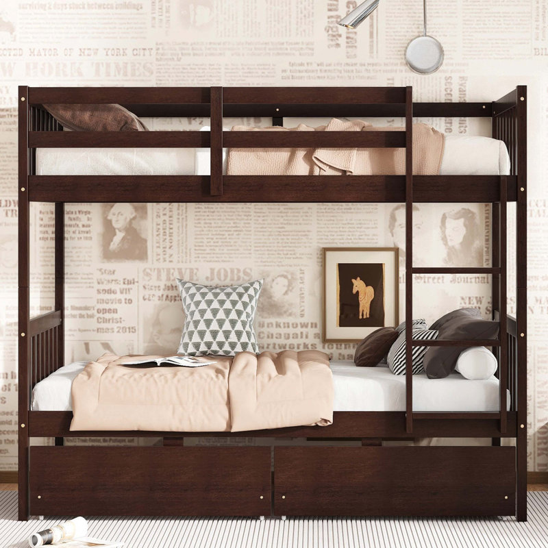 Lit superposé simple au-dessus de simple en bois d'hévéa espresso avec 2 tiroirs, convertible en 2 lits simples, échelle et barrières de sécurité
