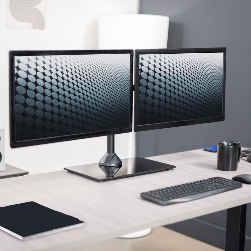 Black Dual Monitor Stand with Tempered Glass Base and Adjustable Arms