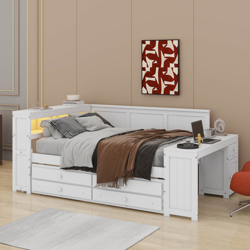 Lit de jour double avec tablettes de rangement, tiroirs, lit gigogne, station de charge, bureau et armoire, Blanc